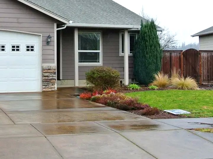 The home's front entry with a garden bed, evergreen tree and green lawn